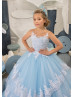 Ivory Lace Blue Tulle Tiered Flower Girl Dress